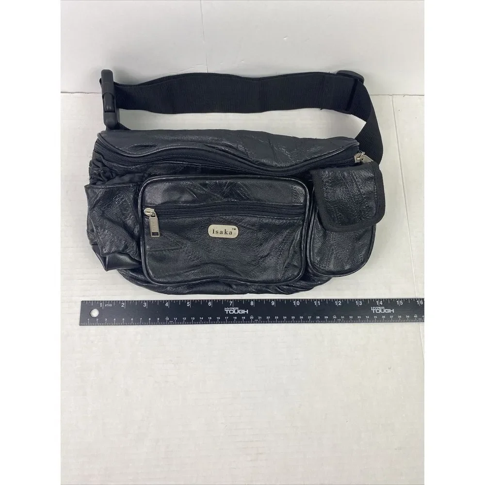 Vintage 90's Fanny Pack Waist Bag Black Faux Leather Unisex‎ Zippers ISAKA